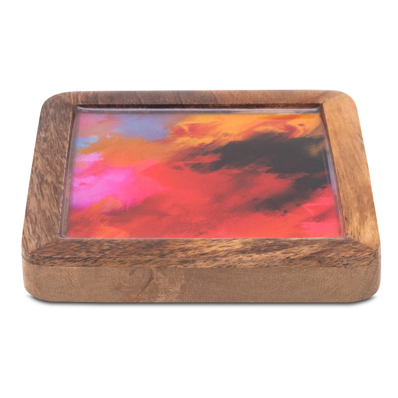 Wooden Square Coasters with Red Abstract Print Design Set of 2