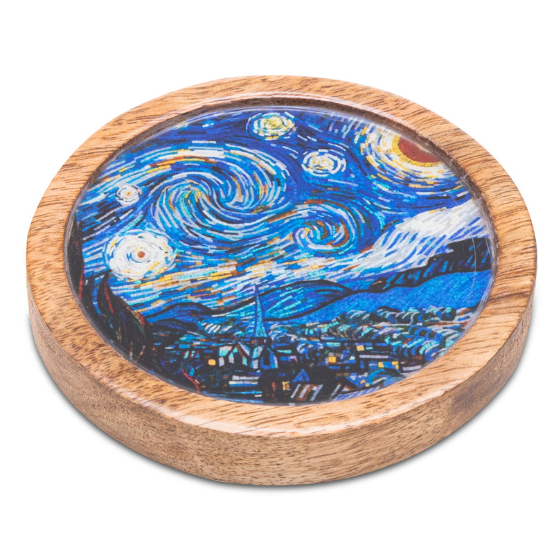 Wooden Round Coasters with Blue Abstract Print Design Set of 2