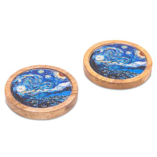 Wooden Round Coasters with Blue Abstract Print Design Set of 2
