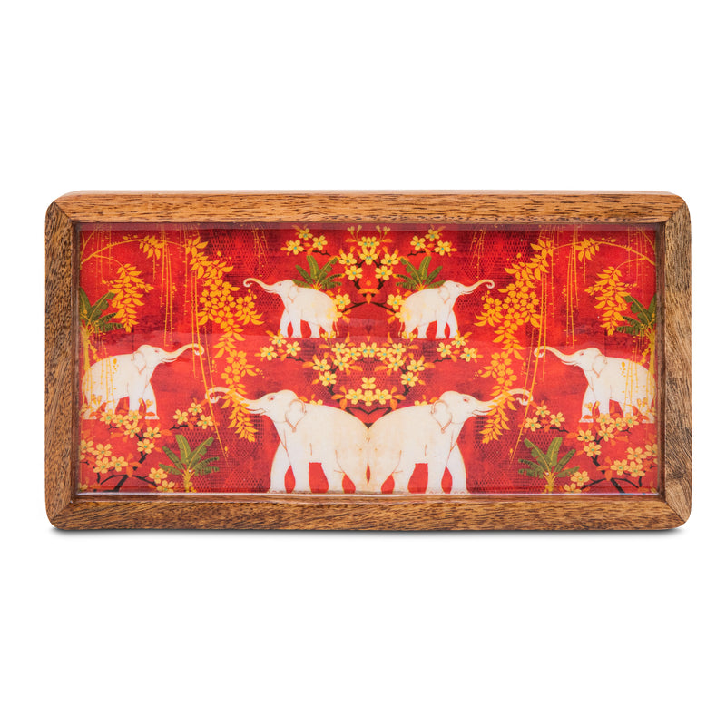Wooden Tray Elephant Print With Coaster Set