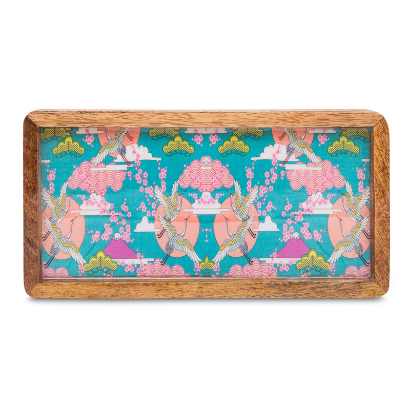 Wooden Tray With Blue Bird Print Design