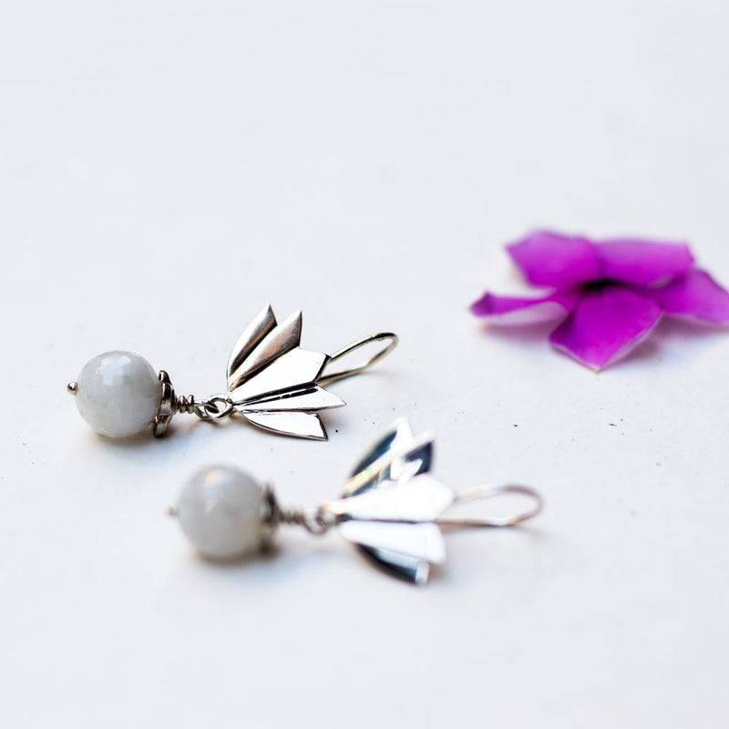 Silver Earring Lotus with Moonstone Bead