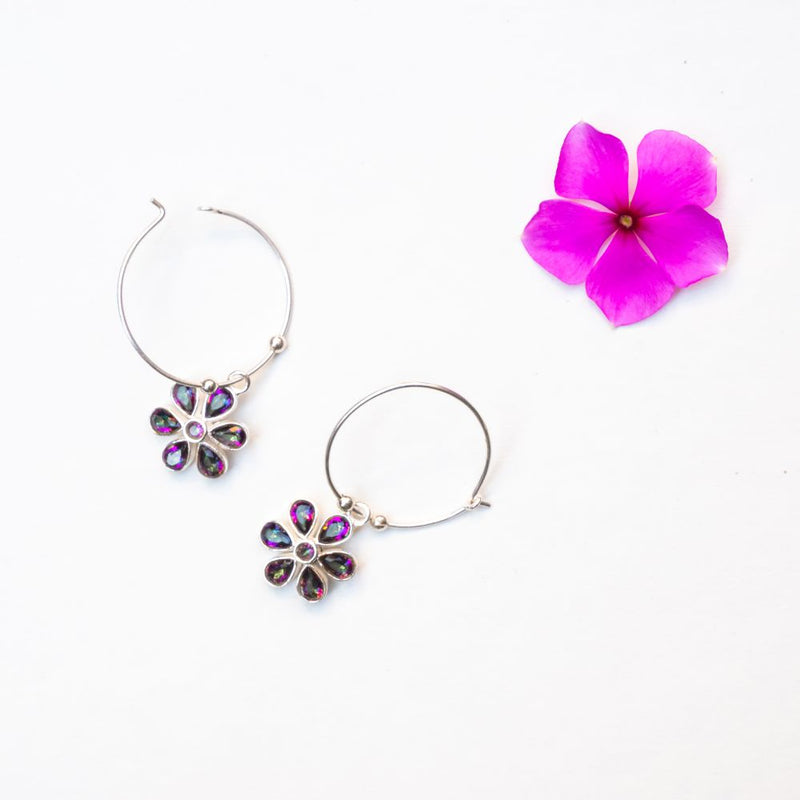 Silver Earring Flower Small Hoops With Mystic Topaz