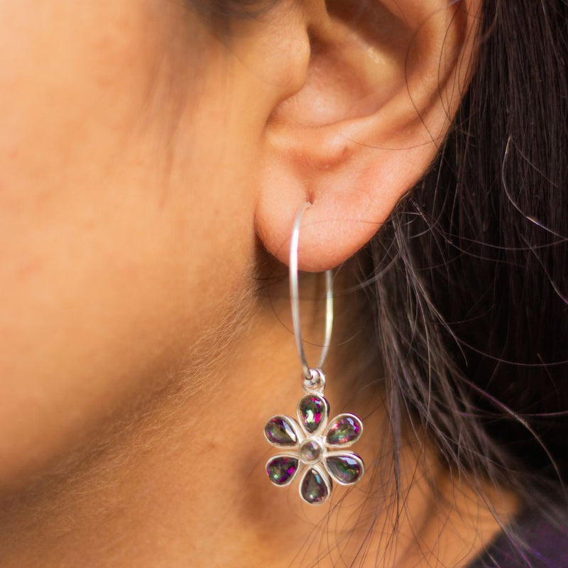 Silver Earring Flower Small Hoops With Mystic Topaz