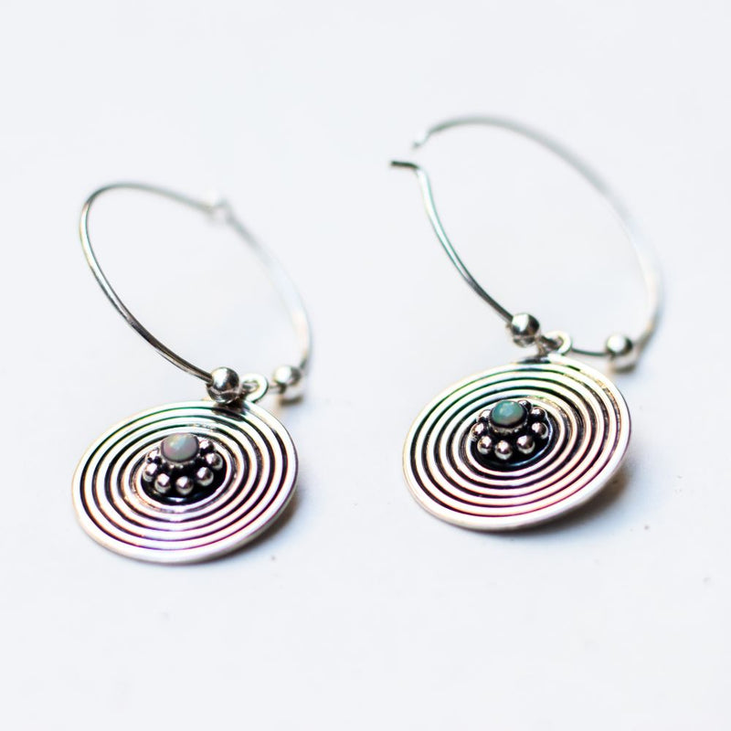 Silver Earring Spiral Sun Hoops Opal